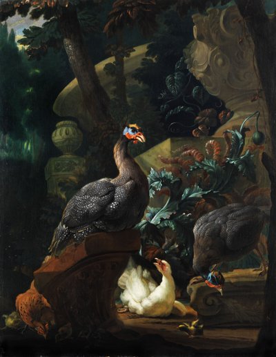 Park Landscape with Guinea Fowls, Chickens, and Chicks by Abraham Busschop